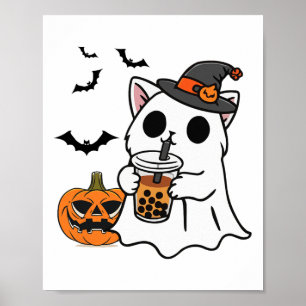 Schattigee Halloweenkat in spookkostuum Drink Boba Poster