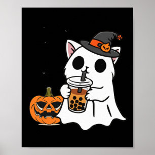 Schattigee Halloweenkat in spookkostuum Drink Boba Poster