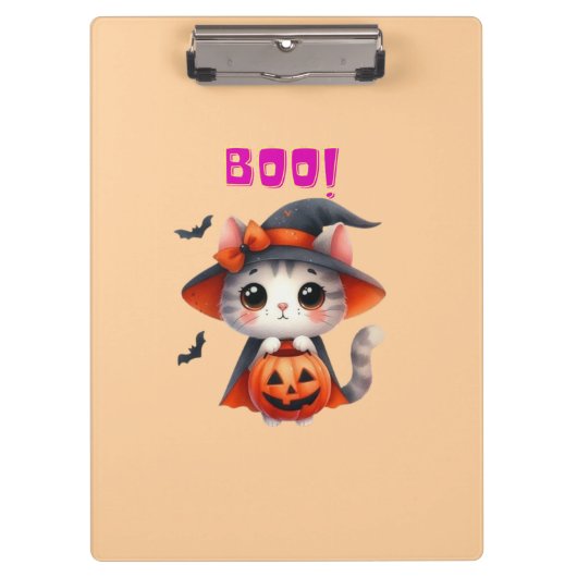 Schattigee Halloweenkat met pompoen en heks Pet De Klembord (Voorkant)