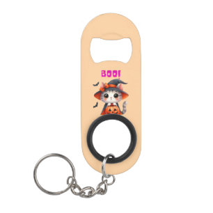 Schattigee Halloweenkat met pompoen en heks Pet De Mini Flessenopener