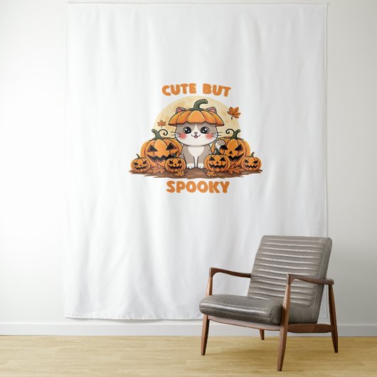 Schattigee Halloweenkat met pompoenen - Kawaii Spo Wandkleed (In situ)