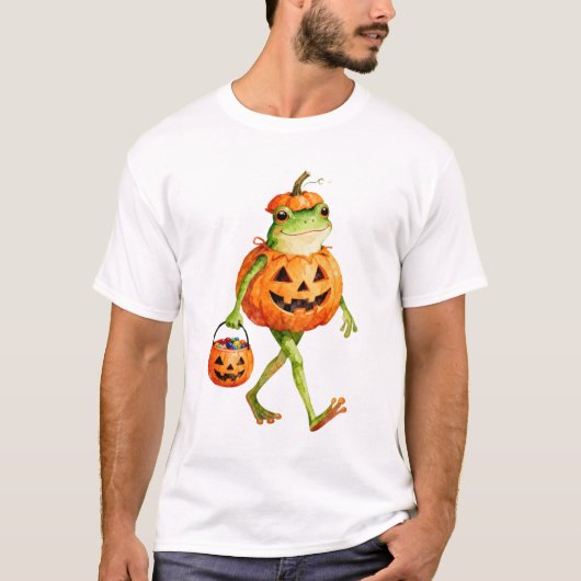 Schattigee Halloweenkikker in pompoenkostuum T-shirt (Voorkant)