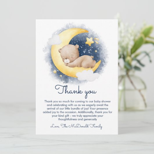 Schattigee Halve Maan Teddybeer Baby shower Bedankkaart (Staand voorkant)
