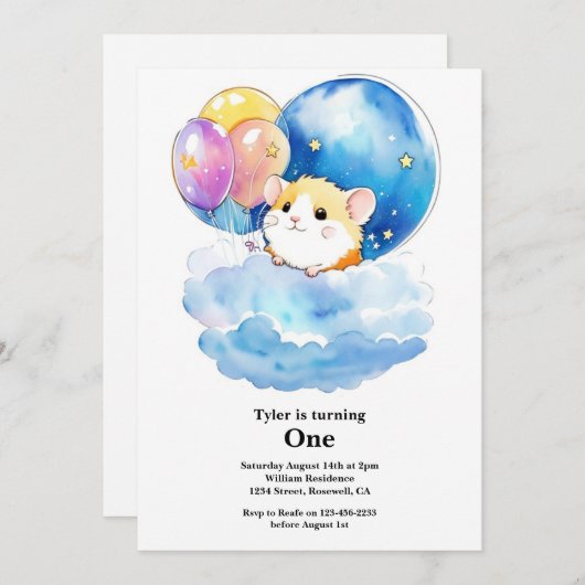 Schattigee Hamster Eerste Verjaardagsuitnodiging Kaart (Voorkant / Achterkant)