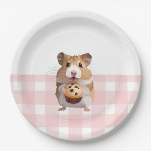 Schattigee hamster met muffin roze gingham check papieren bordje