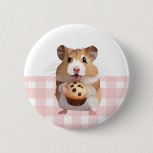 Schattigee hamster met muffin roze gingham check ronde button 5,7 cm