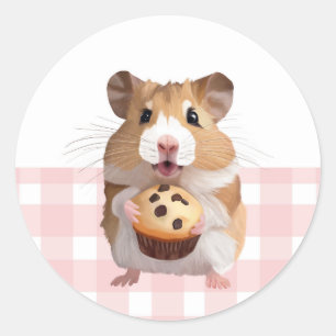 Schattigee hamster met muffin roze gingham check ronde sticker