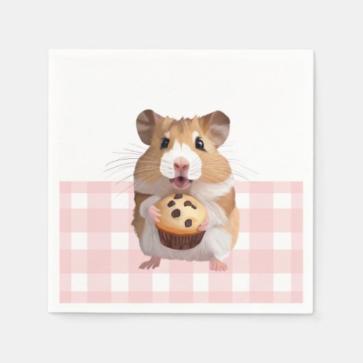 Schattigee hamster met muffin roze gingham check servet (Voorkant)