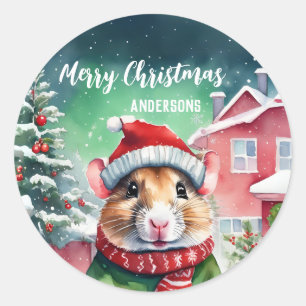 Schattigee hamster rat kerstverjaardagssneeuwfeest ronde sticker