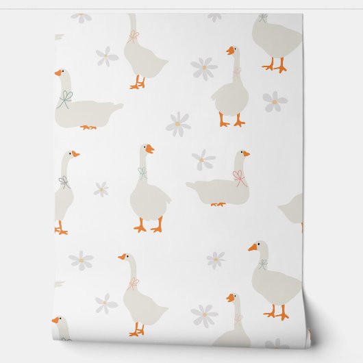 Schattigee Hand Drawn Goose & Daisies Baby Nursery Behang (Afrollen)