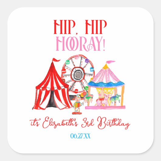 Schattigee hand getrokken Carnaval Circus Verjaard Vierkante Sticker (Voorkant)