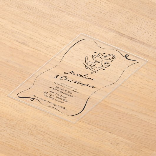 Schattigee Hand Getrokken Cupido op Ski's Winter W Acryl Uitnodigingen (Laagn)