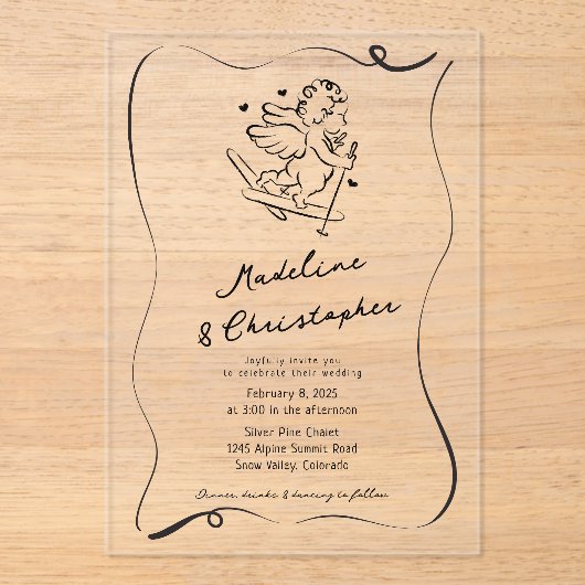 Schattigee Hand Getrokken Cupido op Ski's Winter W Acryl Uitnodigingen (Voorkant)