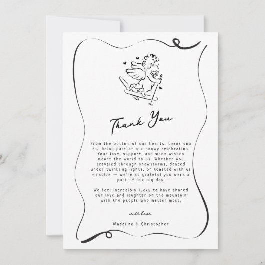 Schattigee Hand Getrokken Cupido Ski Winter Weddin Bedankkaart (Voorkant)