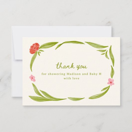 Schattigee Hand getrokken Floral Baby shower dank  Bedankkaart (Voorkant)