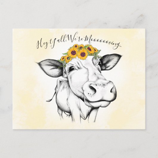 Schattigee Hand getrokken Koe Zonnebloem Bewegende Briefkaart (Voorkant)