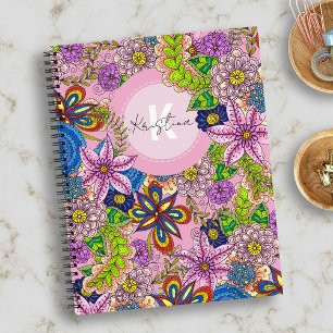 Schattigee handgetekende Doodle Flowers en Leaves Notitieboek