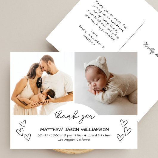 Schattigee handgetekende harten 2 Foto Dank u Baby Briefkaart