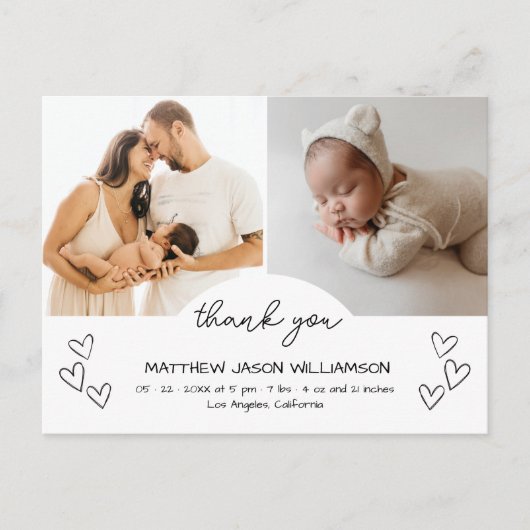 Schattigee handgetekende harten 2 Foto Dank u Baby Briefkaart (Voorkant)