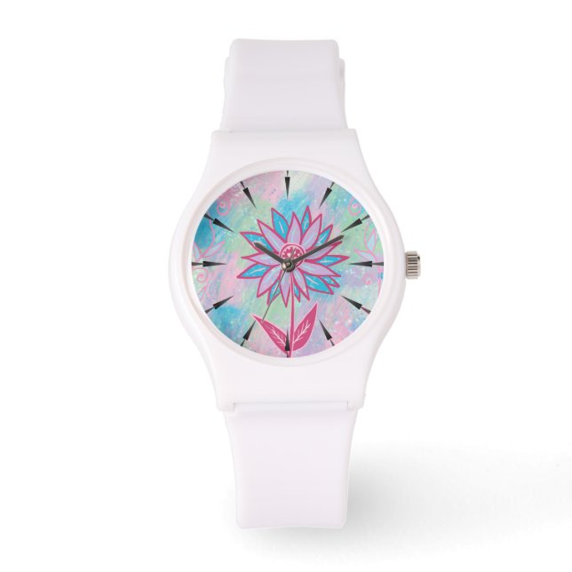 Schattigee handgetekende pastelbloem horloge (Voorkant)