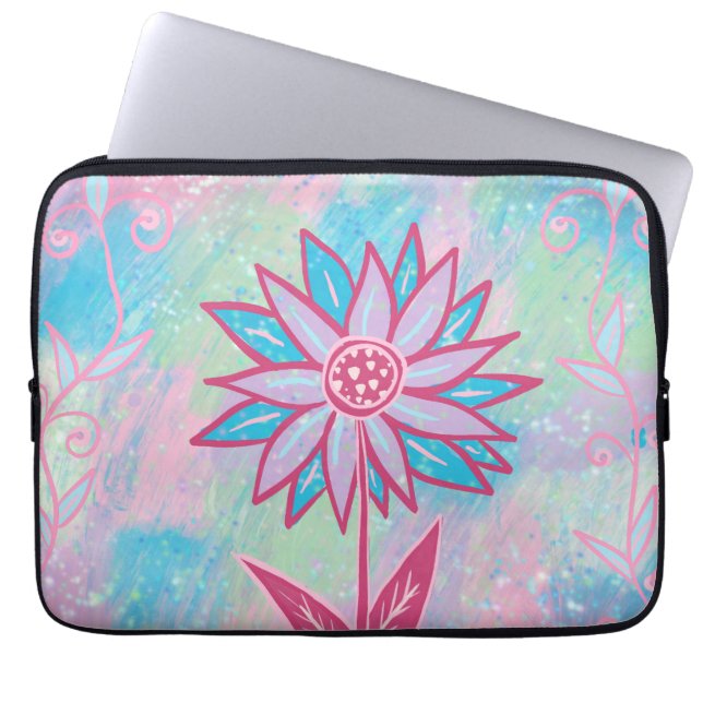 Schattigee handgetekende pastelbloem laptop sleeve (Voorkant)