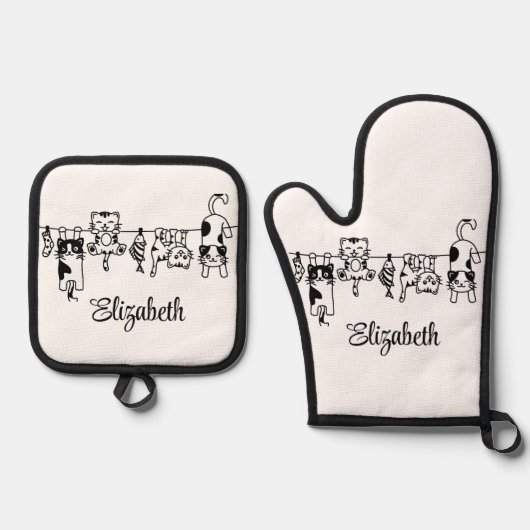 Schattigee hangende Kittens aangepaste naam Ovenwant & Pannenlap Set (Voorkant)