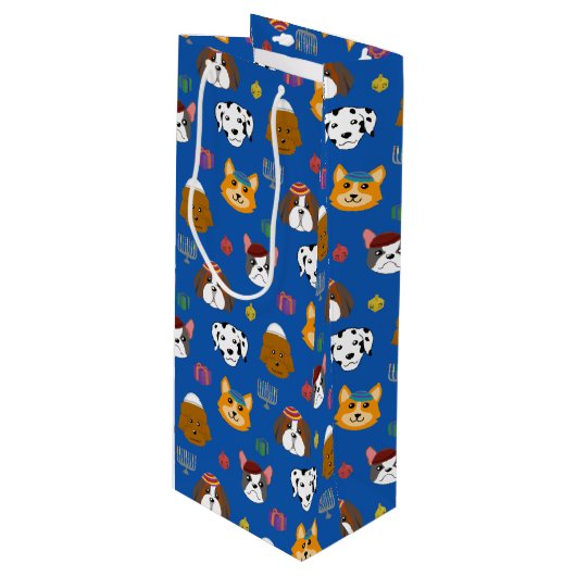 Schattigee Hannukah Dog Patterned Wijn Cadeautas (Voorkant Gekanteld)