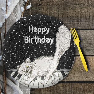 Schattigee Happy Birthday Cat op Piano Keys Muziek Papieren Kommen