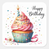 Schattigee Happy Birthday cupcake Vierkante Sticker (Voorkant)