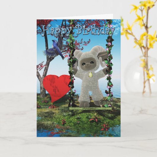 Schattigee Happy Birthday kaart met Ram en hart (Gele Bloem)