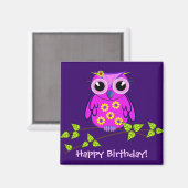 Schattigee Happy Birthday Magnet met Pink Owl (Voorkant / Achterkant)