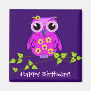 Schattigee Happy Birthday Magnet met Pink Owl