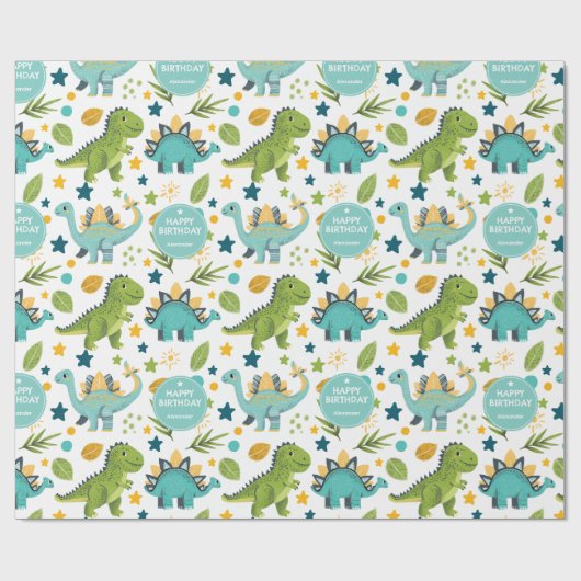 Schattigee Happy Birthday Naam Jurassic T Rex Dino Cadeaupapier (Vlak)