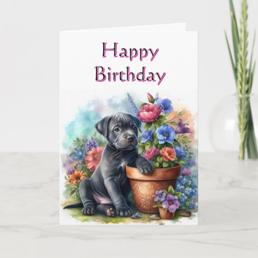 Schattigee Happy Birthday Puppy in Garden Wenskaar Kaart (Voorkant)