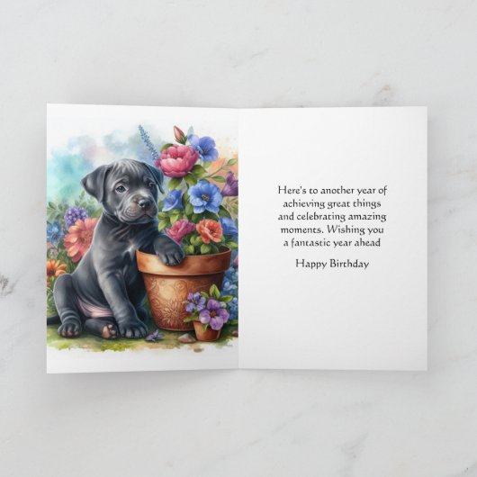 Schattigee Happy Birthday Puppy in Garden Wenskaar Kaart (Binnen)