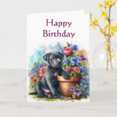 Schattigee Happy Birthday Puppy in Garden Wenskaar Kaart (Gele Bloem)