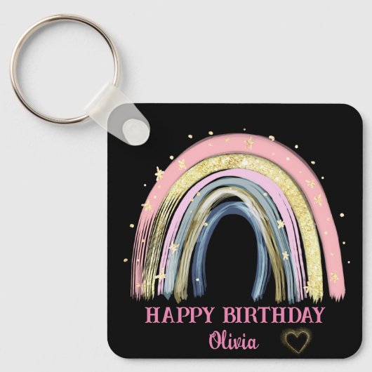 Schattigee Happy Birthday Rainbow Custom Name Sleutelhanger (Voorkant)