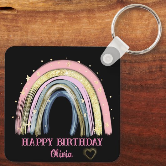 Schattigee Happy Birthday Rainbow Custom Name Sleutelhanger (Achterkant)