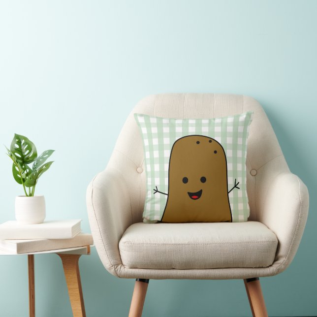 Schattigee Happy Brown Aardappel Green Gingham Kussen (Stoel)