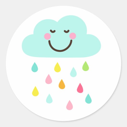 Schattigee happy cloud met kleurrijke regendruppel ronde sticker (Voorkant)