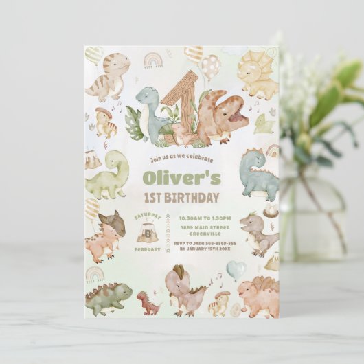 Schattigee Happy Dinosaurs 1e Verjaardag Kaart (Staand voorkant)