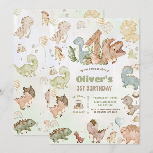 Schattigee Happy Dinosaurs 1e Verjaardag Kaart (Voorkant / Achterkant)