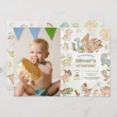 Schattigee Happy Dinosaurs 1e Verjaardagsfoto Kaart (Voorkant / Achterkant)