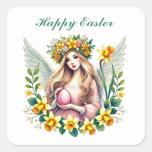 Schattigee Happy Easter Angel Vierkante Sticker (Voorkant)