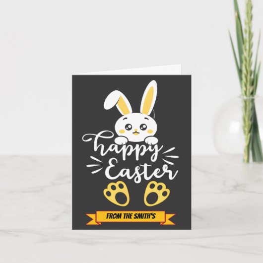 Schattigee Happy Easter Bunny met Yellow Paw Print Feestdagen Kaart (Voorkant)