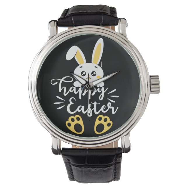 Schattigee Happy Easter Bunny met Yellow Paw Print Horloge (Voorkant)