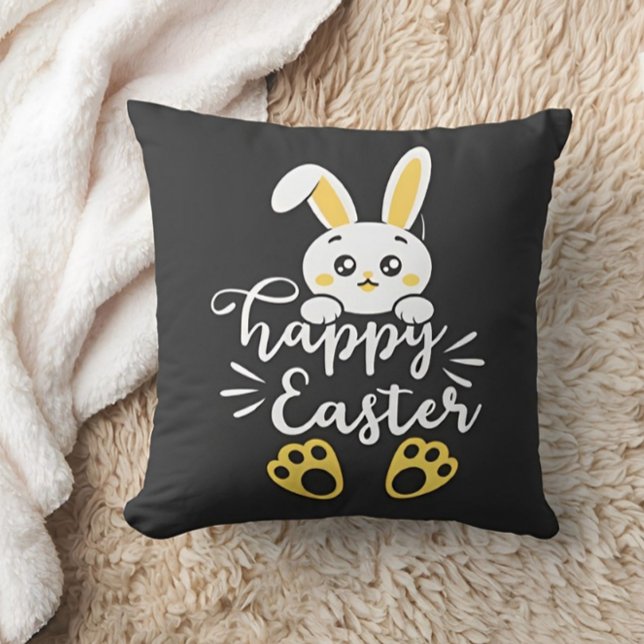 Schattigee Happy Easter Bunny met Yellow Paw Print Kussen (Creator heeft geüpload)