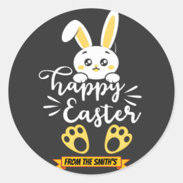 Schattigee Happy Easter Bunny met Yellow Paw Print Ronde Sticker