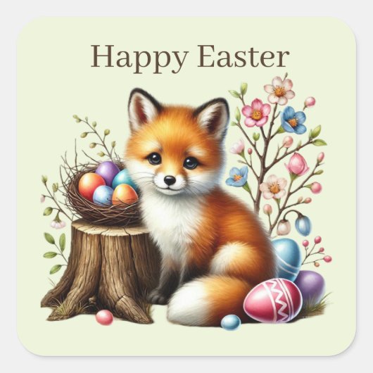 Schattigee Happy Easter Fox Vierkante Sticker (Voorkant)