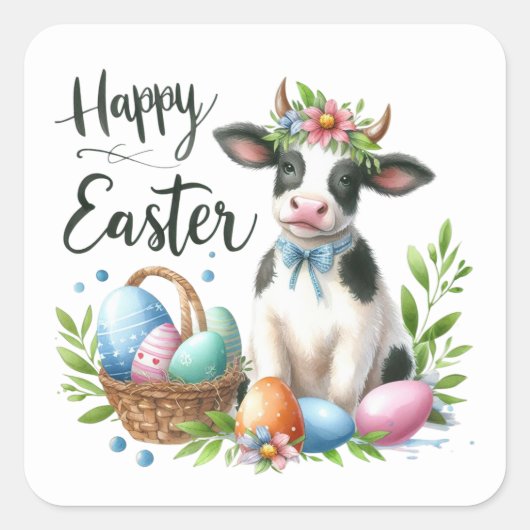 Schattigee Happy Easter koe waterverf Vierkante Sticker (Voorkant)